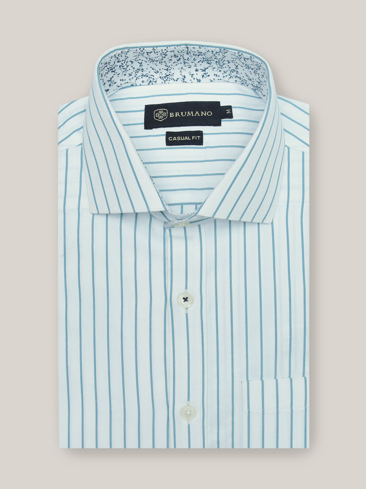 White & Blue Herringbone Shirt With Printed Detailing Brumano Pakistan