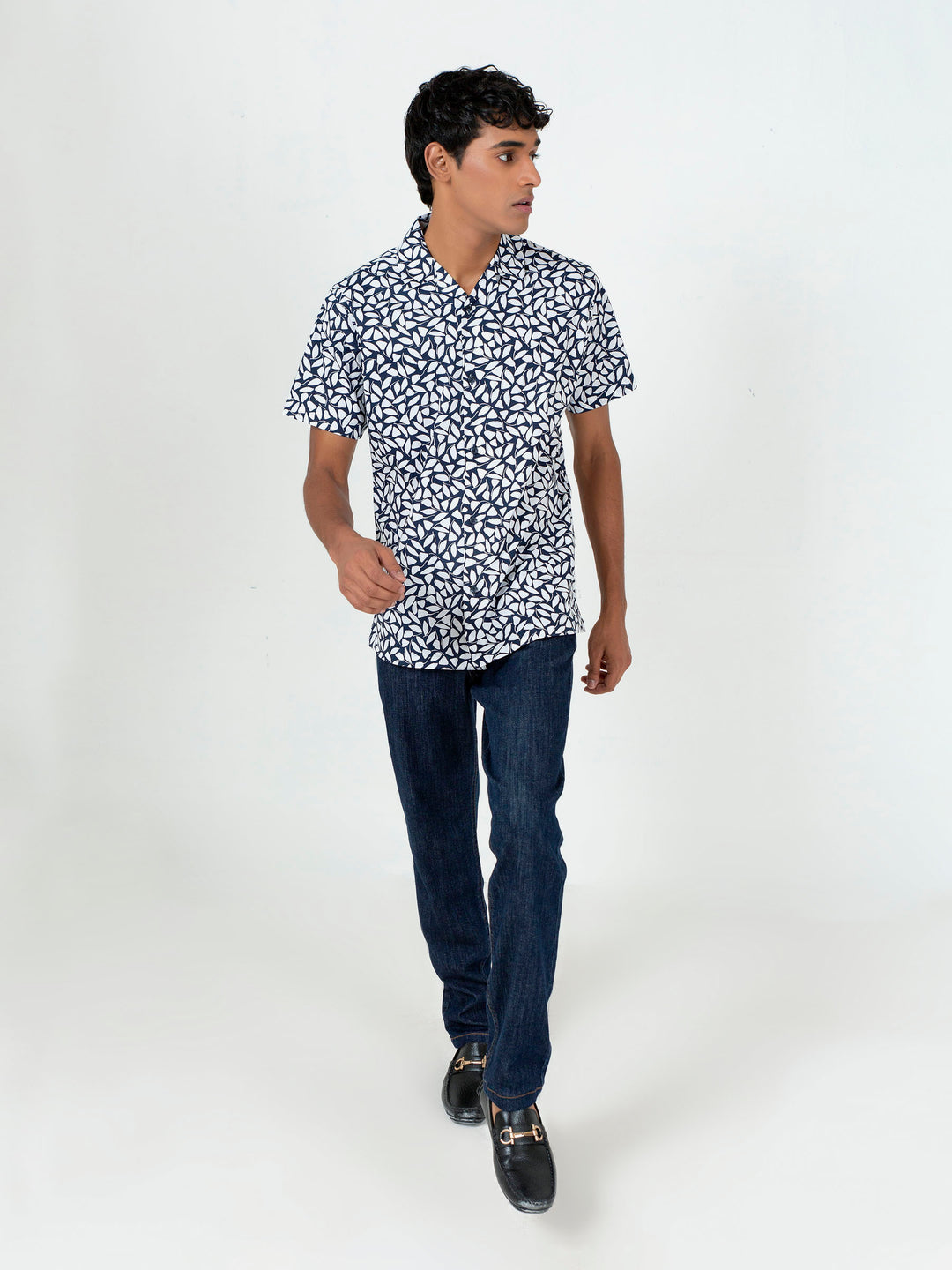 White & Blue Printed Half Sleeve Cuban Collar Shirt Brumano Pakistan