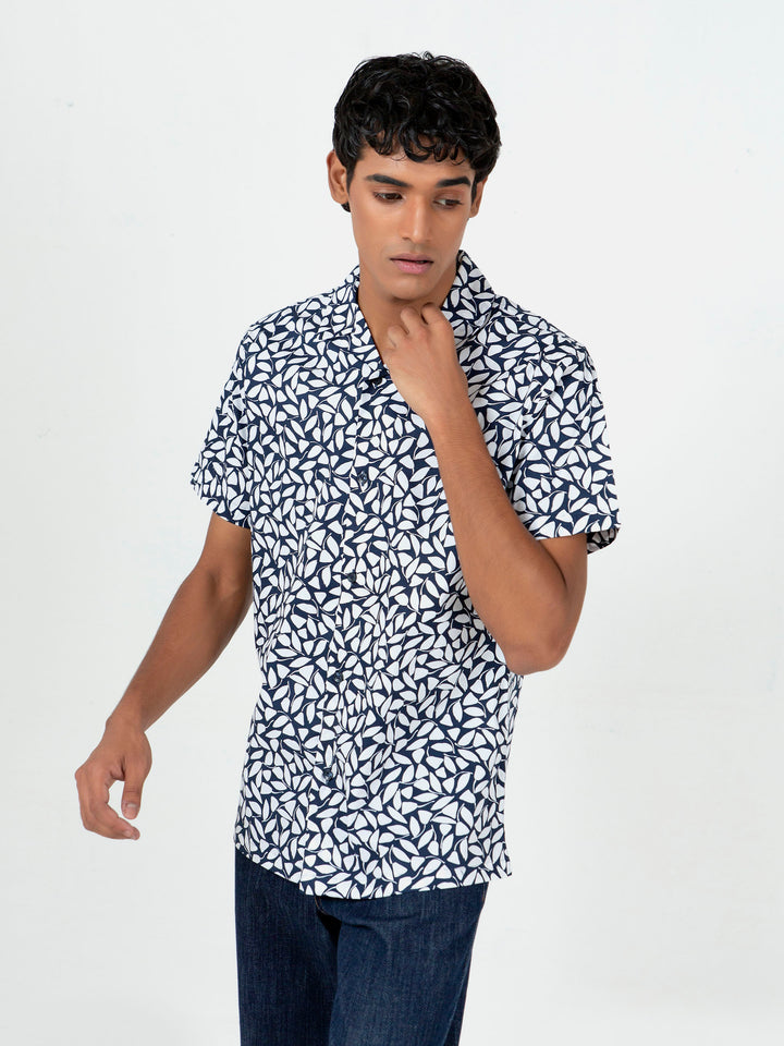 White & Blue Printed Half Sleeve Cuban Collar Shirt Brumano Pakistan