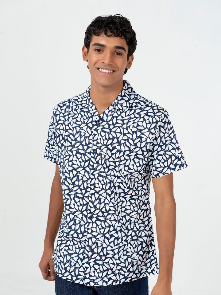 White & Blue Printed Half Sleeve Cuban Collar Shirt Brumano Pakistan