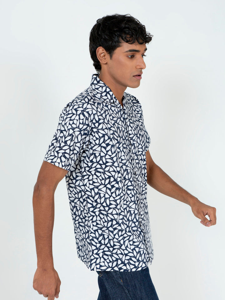 White & Blue Printed Half Sleeve Cuban Collar Shirt Brumano Pakistan