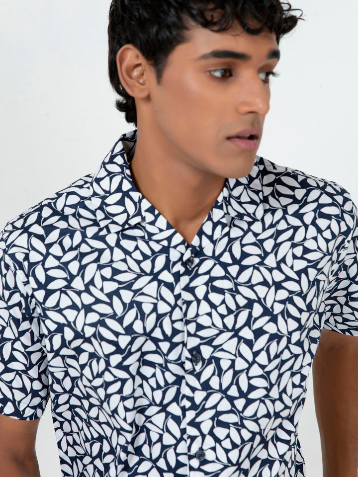 White & Blue Printed Half Sleeve Cuban Collar Shirt Brumano Pakistan