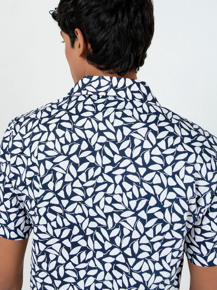 White & Blue Printed Half Sleeve Cuban Collar Shirt Brumano Pakistan