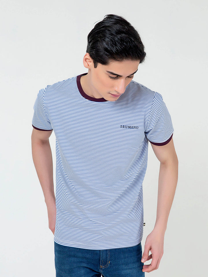 White & Blue Striped Crew Neck T-Shirt Brumano Pakistan