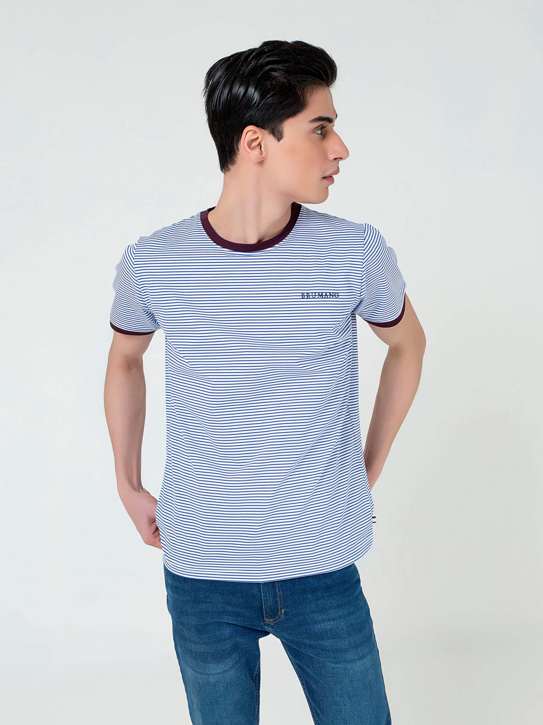 White & Blue Striped Crew Neck T-Shirt Brumano Pakistan