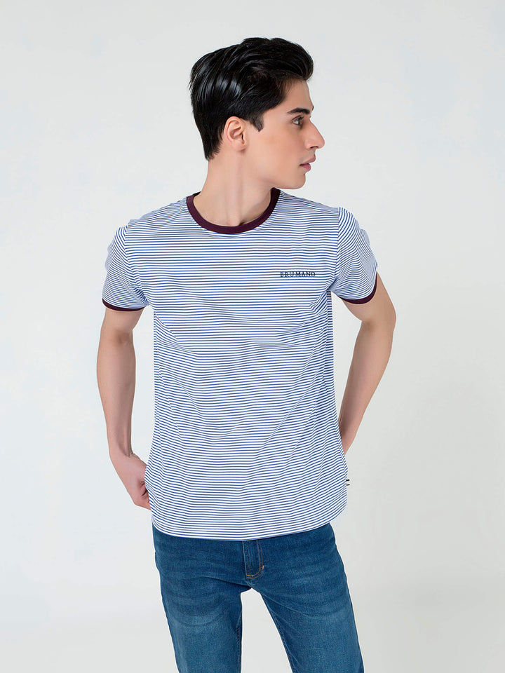 White & Blue Striped Crew Neck T-Shirt Brumano Pakistan