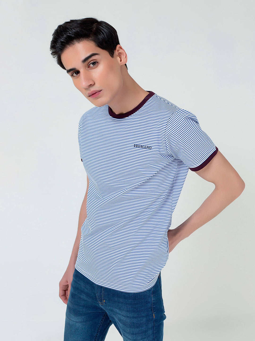 White & Blue Striped Crew Neck T-Shirt Brumano Pakistan
