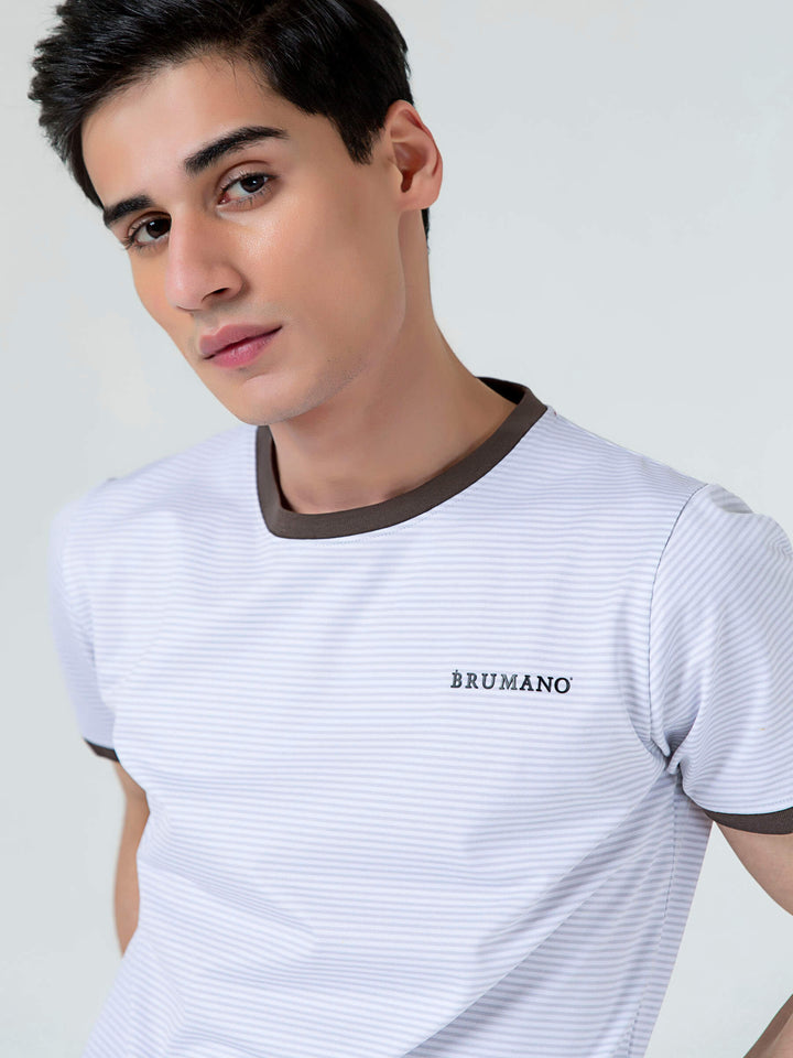 White & Grey Striped Crew Neck T-Shirt Brumano Pakistan