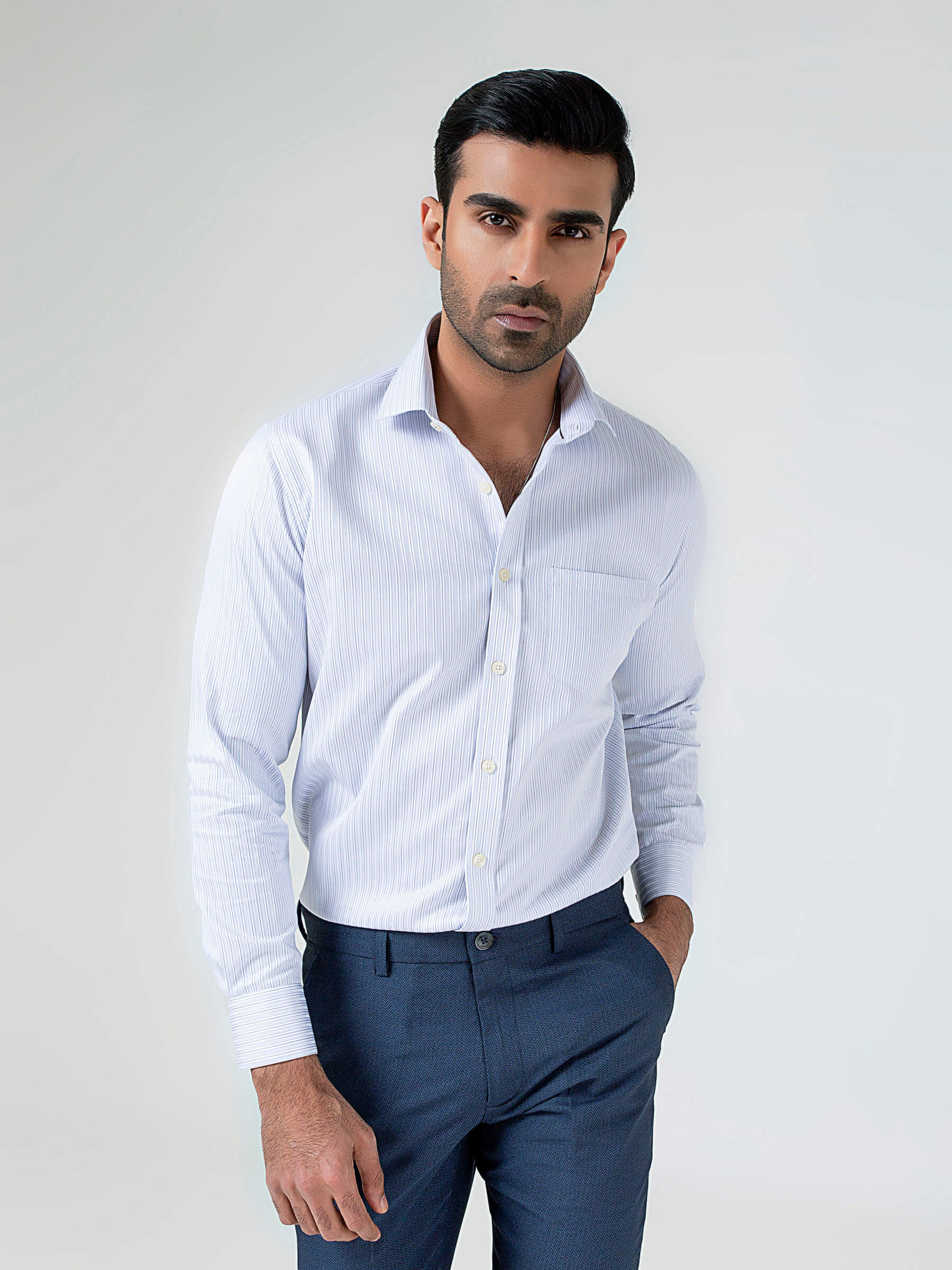 White & Grey Striped Formal Shirt - Brumano Menswear