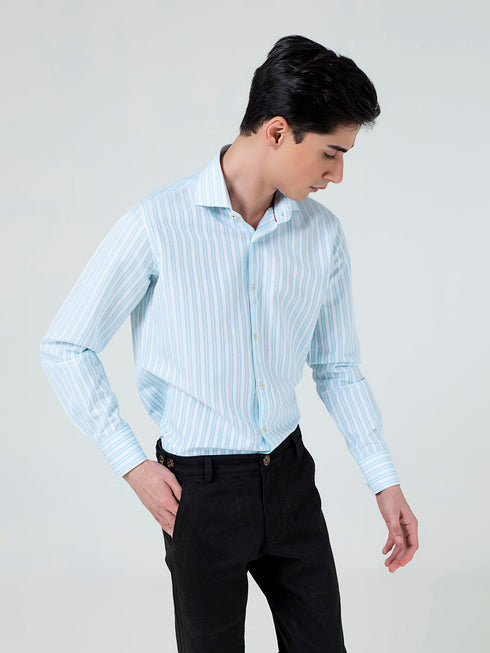 White & Turquoise Structured Striped Shirt Brumano Pakistan