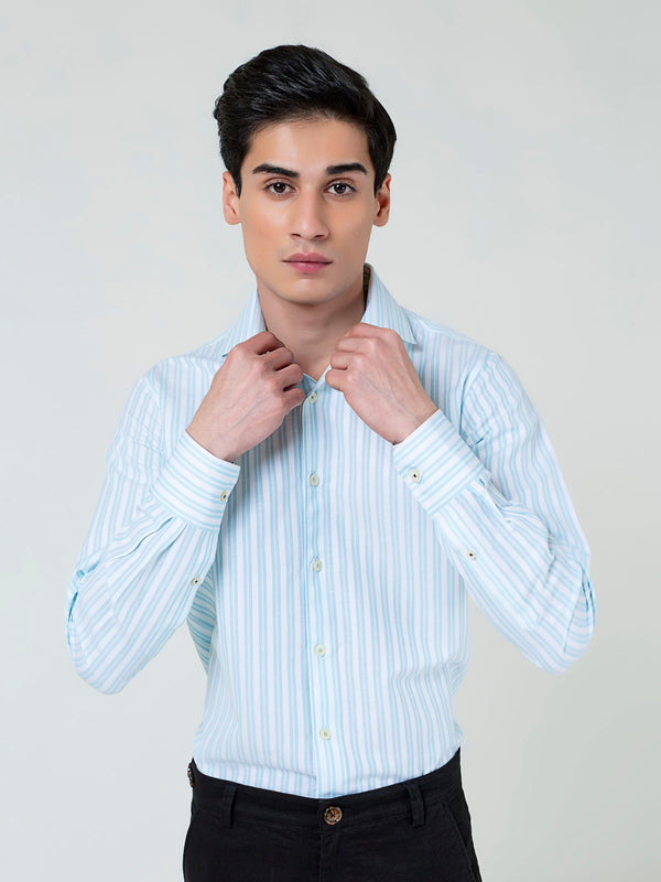 White & Turquoise Structured Striped Shirt Brumano Pakistan