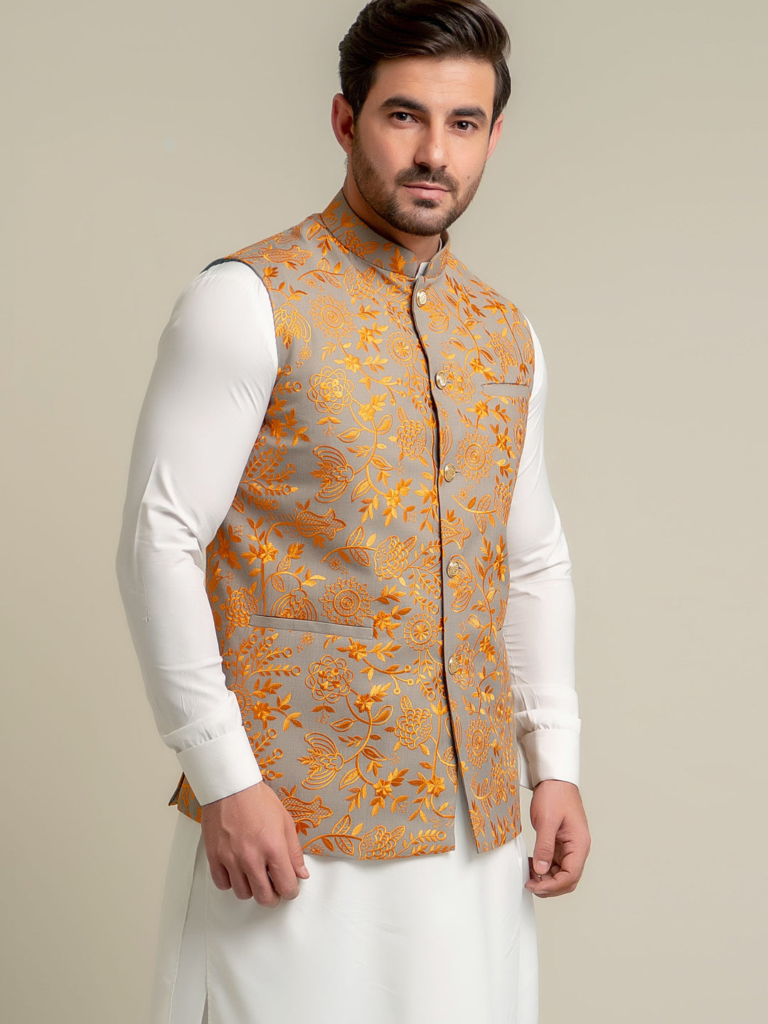 Yellow Embroidered Sartoria Waistcoat Brumano Pakistan