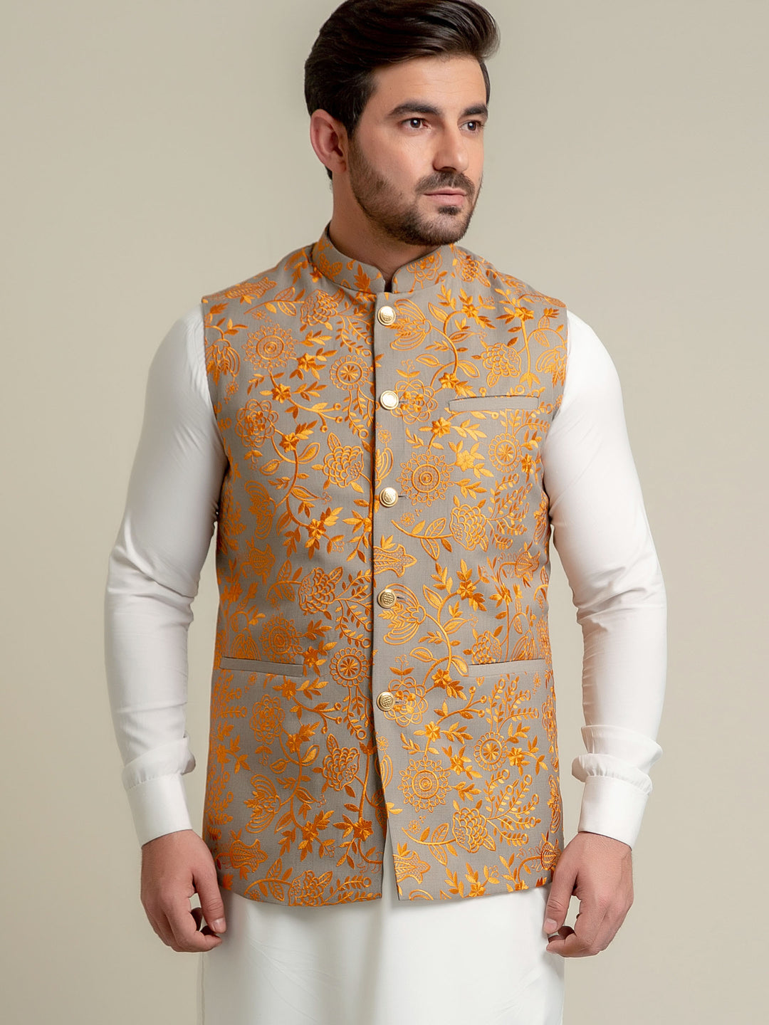 Yellow Embroidered Sartoria Waistcoat Brumano Pakistan