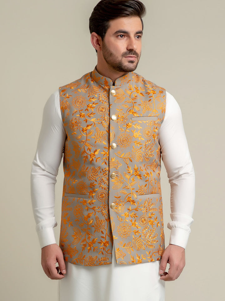 Yellow Embroidered Sartoria Waistcoat Brumano Pakistan
