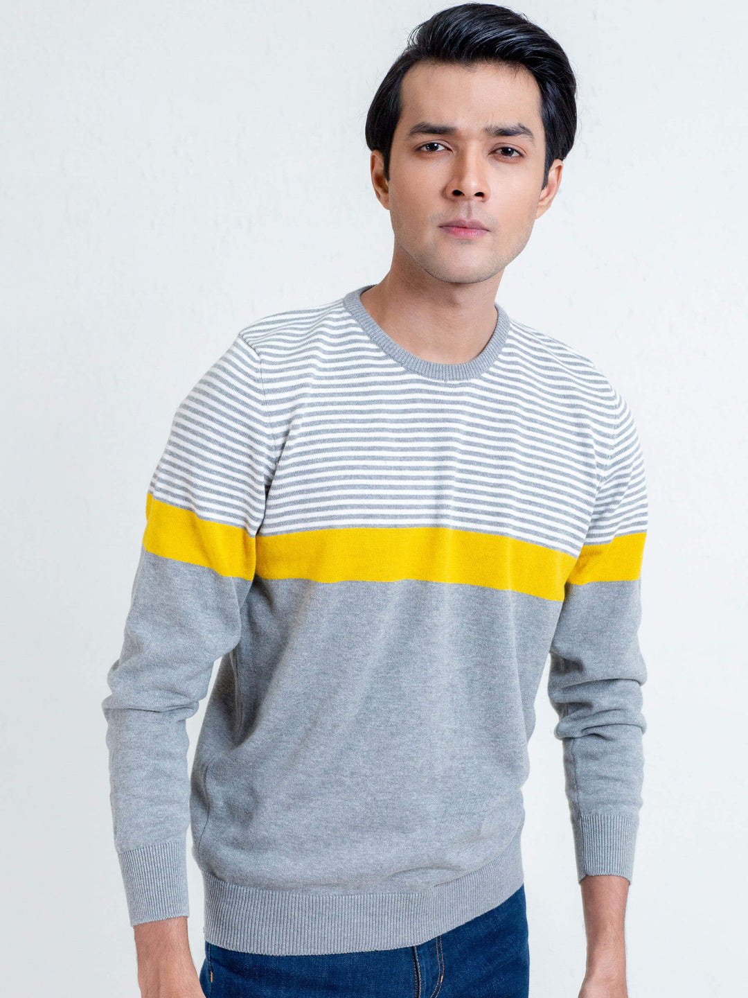 Yellow & Grey Contrasting Striped Sweater Brumano Pakistan