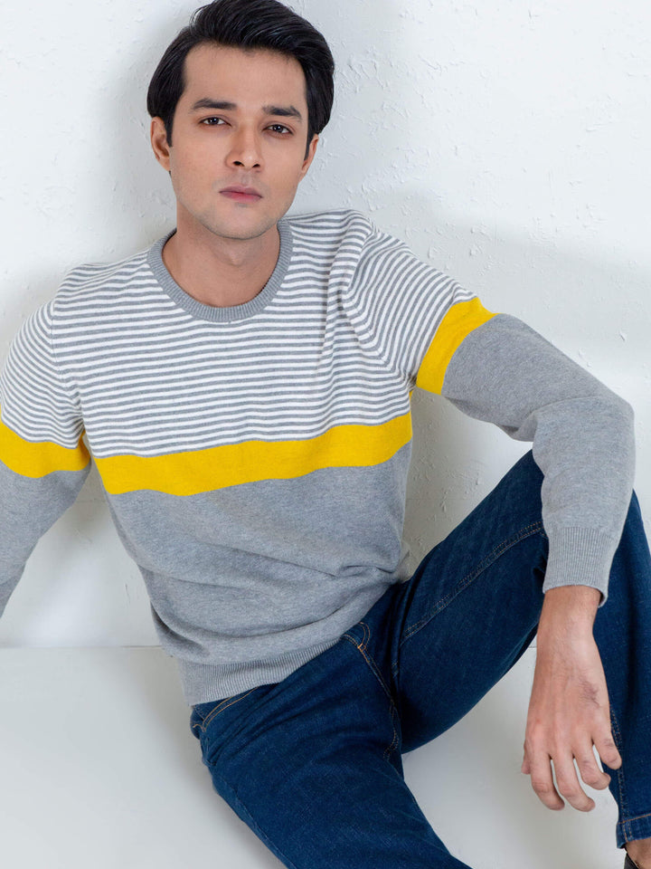 Yellow & Grey Contrasting Striped Sweater Brumano Pakistan