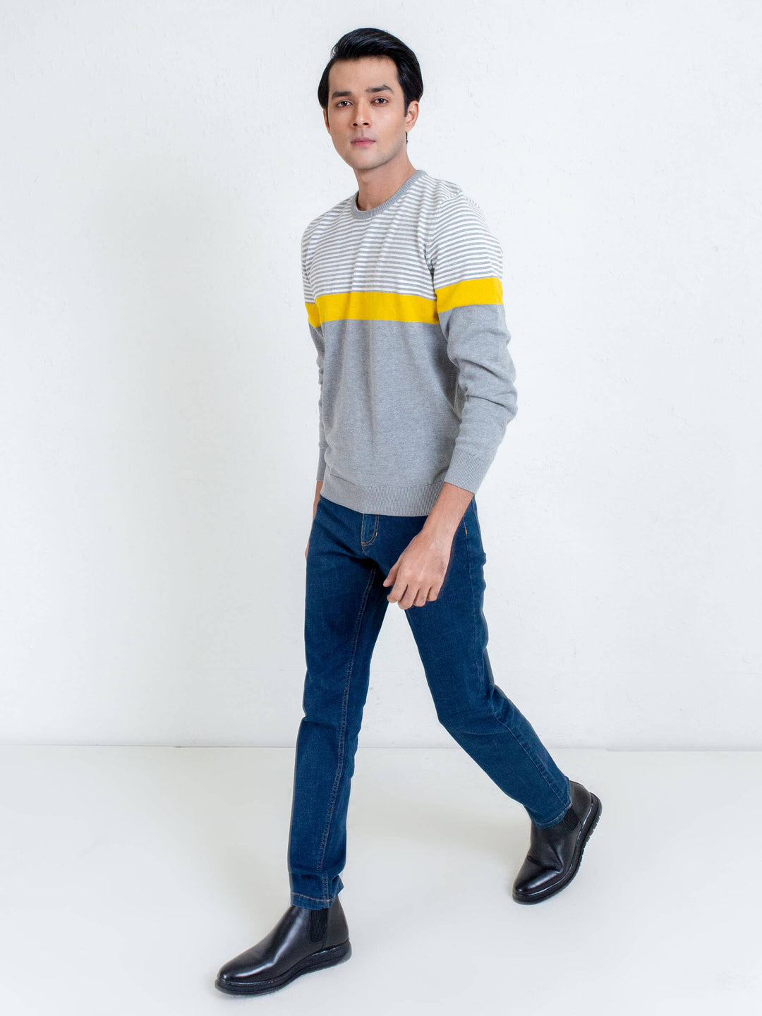 Yellow & Grey Contrasting Striped Sweater Brumano Pakistan