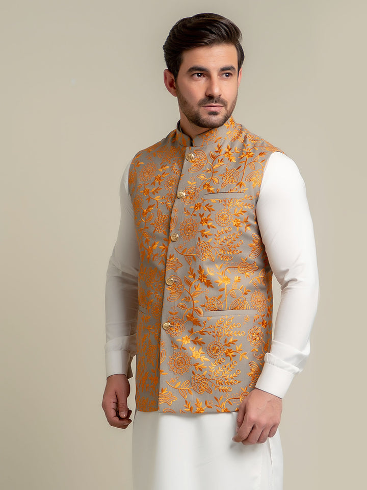 Yellow Embroidered Sartoria Waistcoat Brumano Pakistan