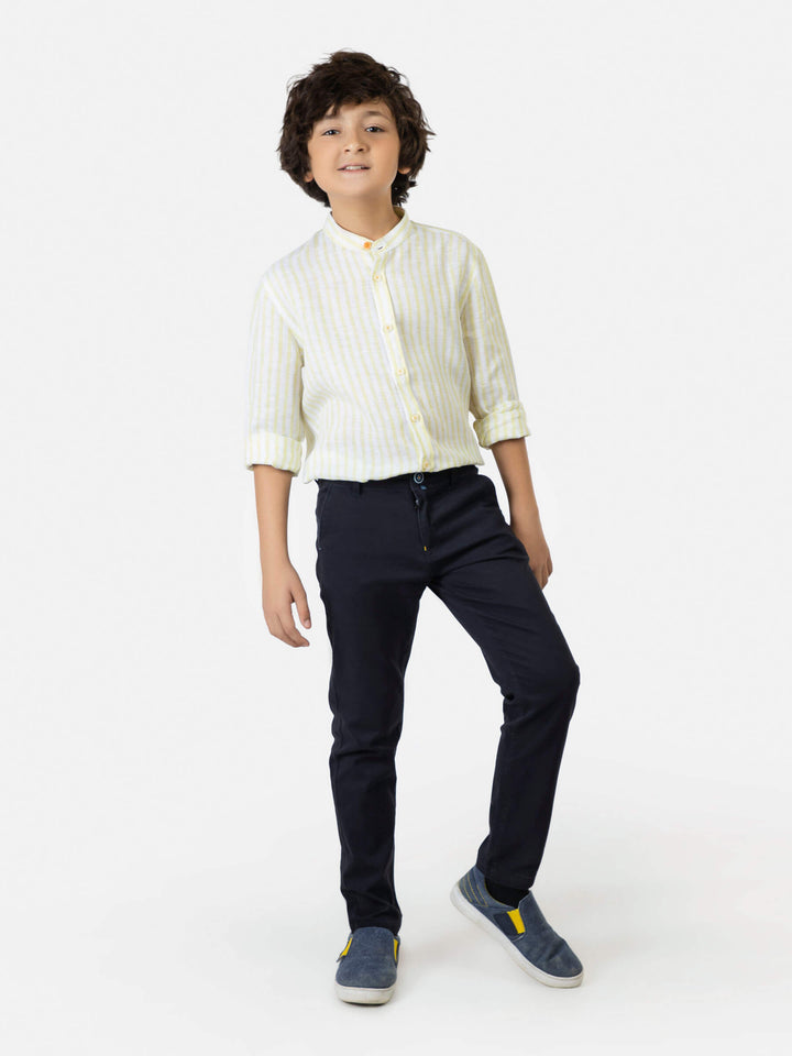 Yellow Striped 100% Linen Mao Collar Casual Shirt Brumano Pakistan