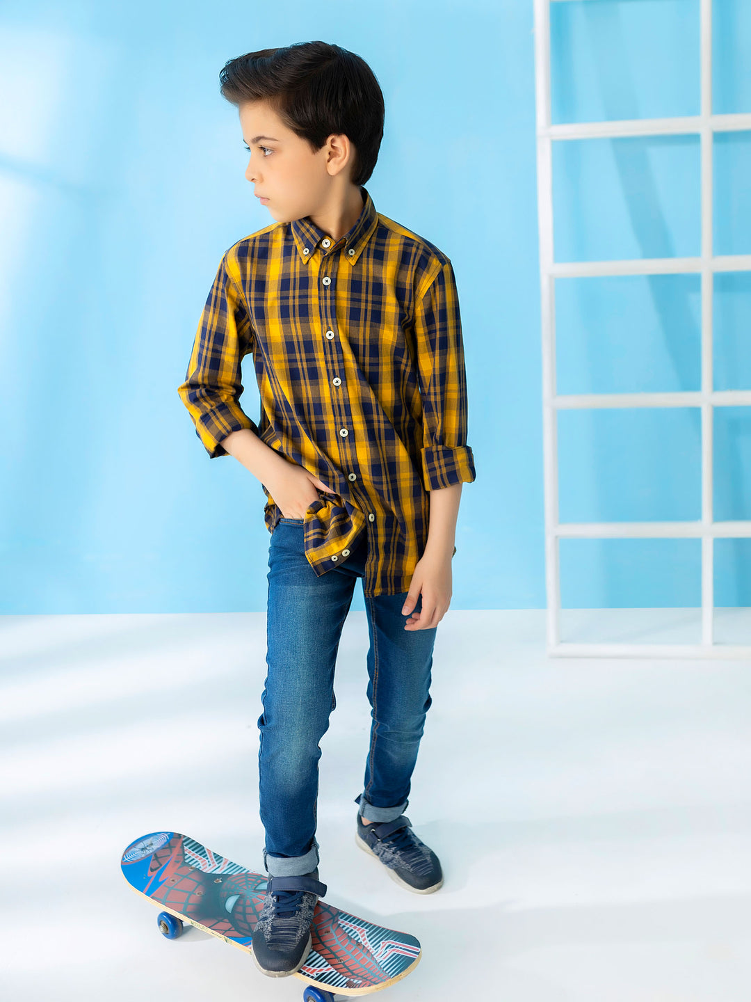 Yellow & Blue Long Sleeve Checkered Shirt Brumano Pakistan
