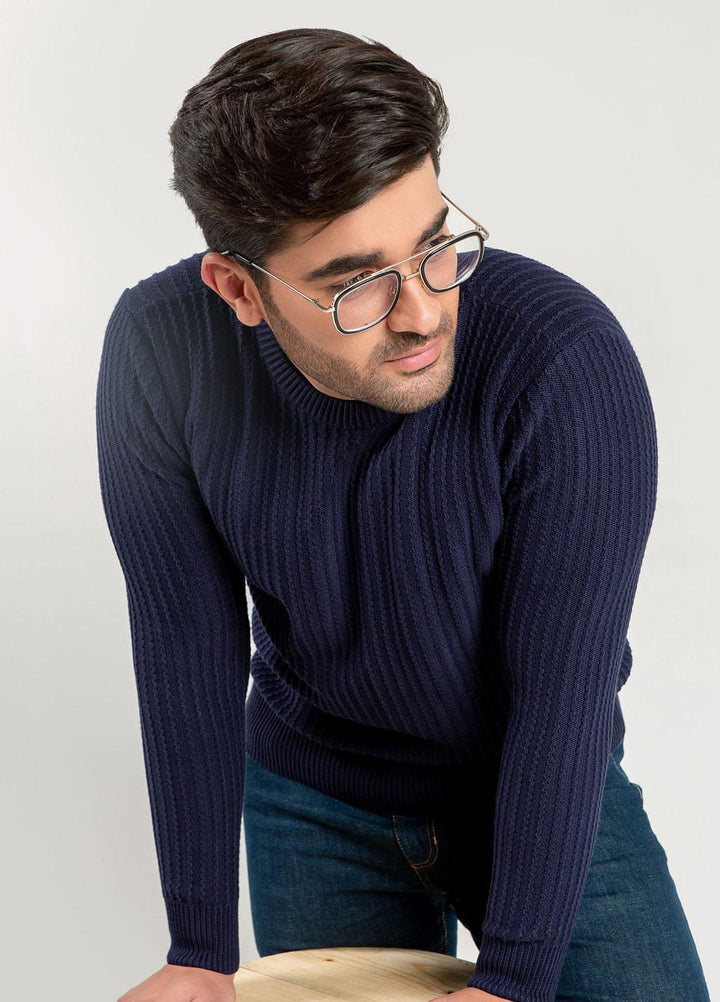 Navy Zig-Zag Textured Crew Neck Jumper For Mens Brumano Pakistan