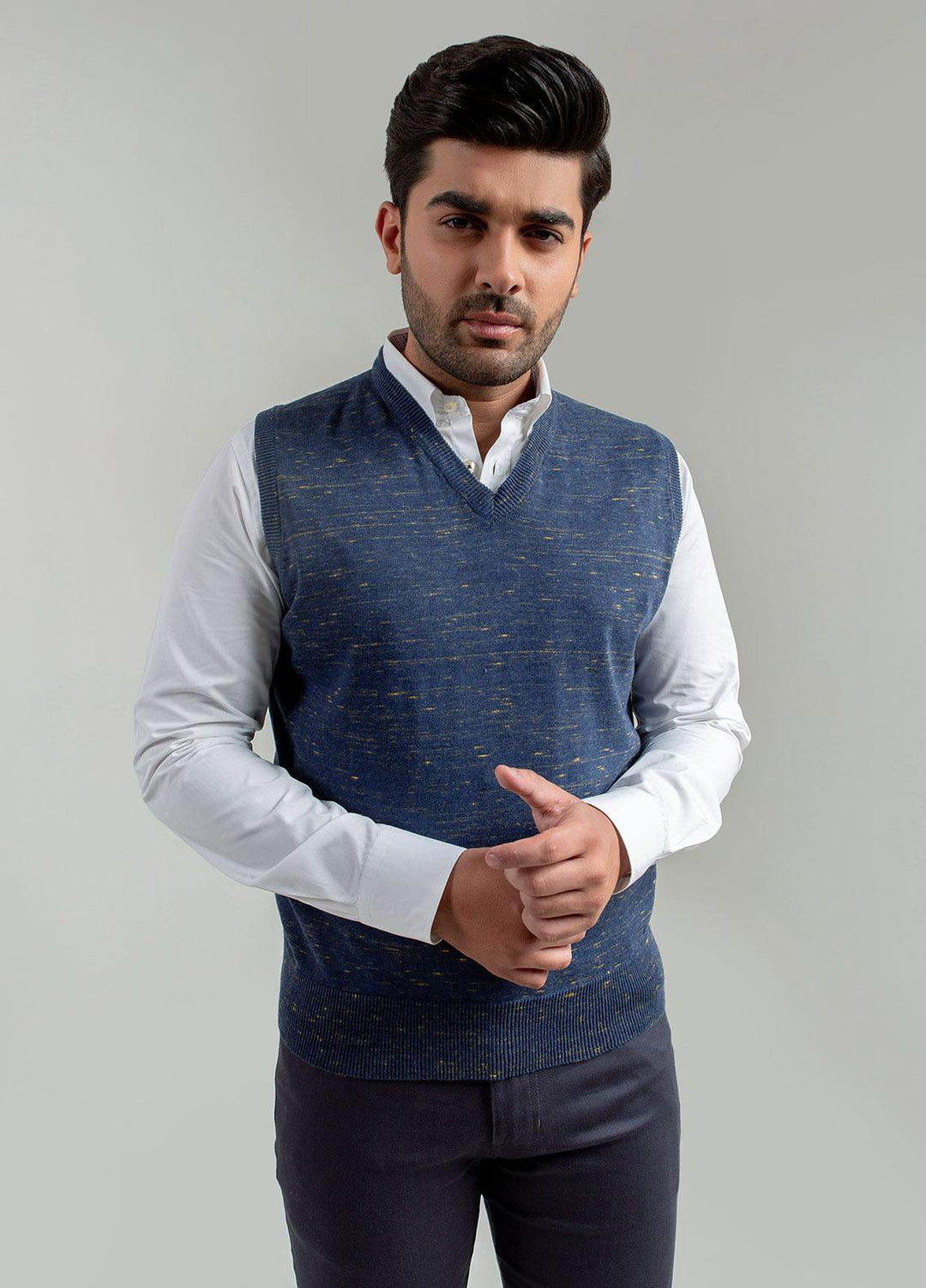 Blue & Yellow Patterned Sleeveless V-Neck Sweater Brumano Pakistan