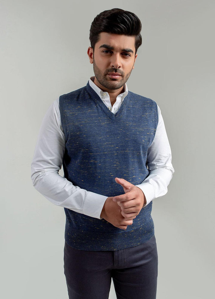 Blue & Yellow Patterned Sleeveless V-Neck Sweater Brumano Pakistan