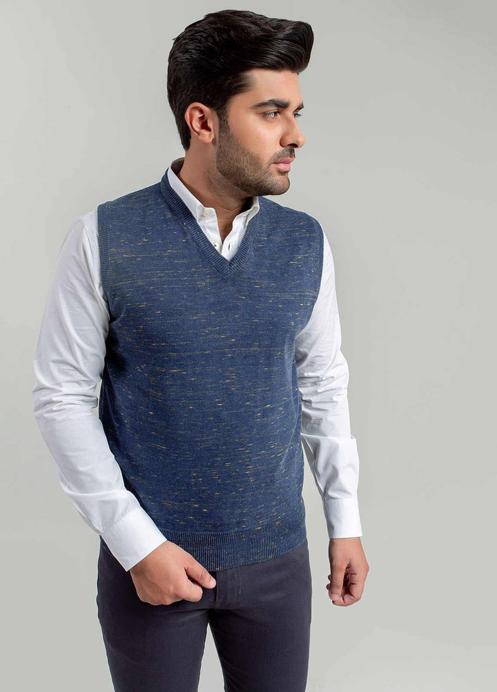 Blue & Yellow Patterned Sleeveless V-Neck Sweater Brumano Pakistan
