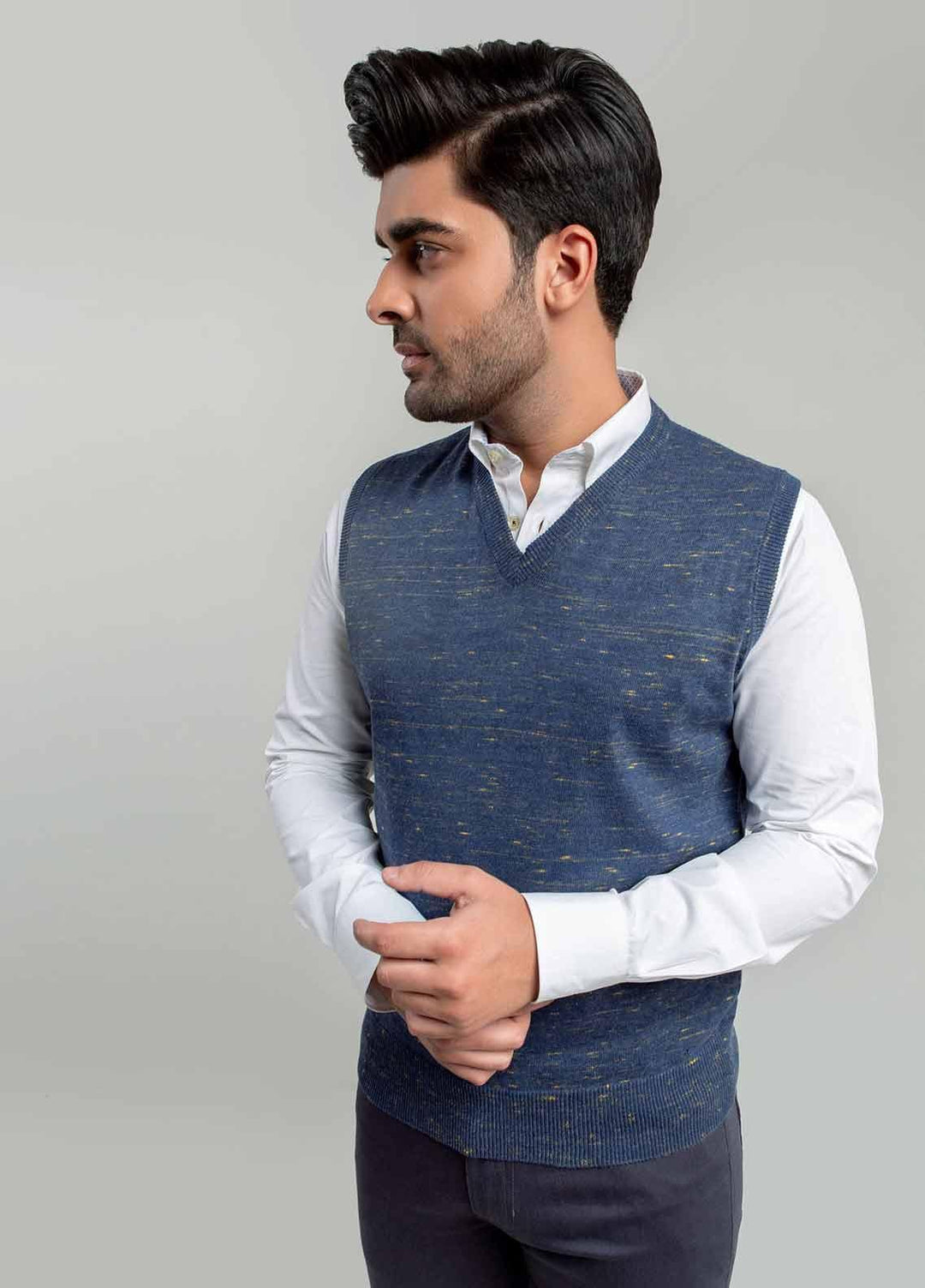 Blue & Yellow Patterned Sleeveless V-Neck Sweater Brumano Pakistan